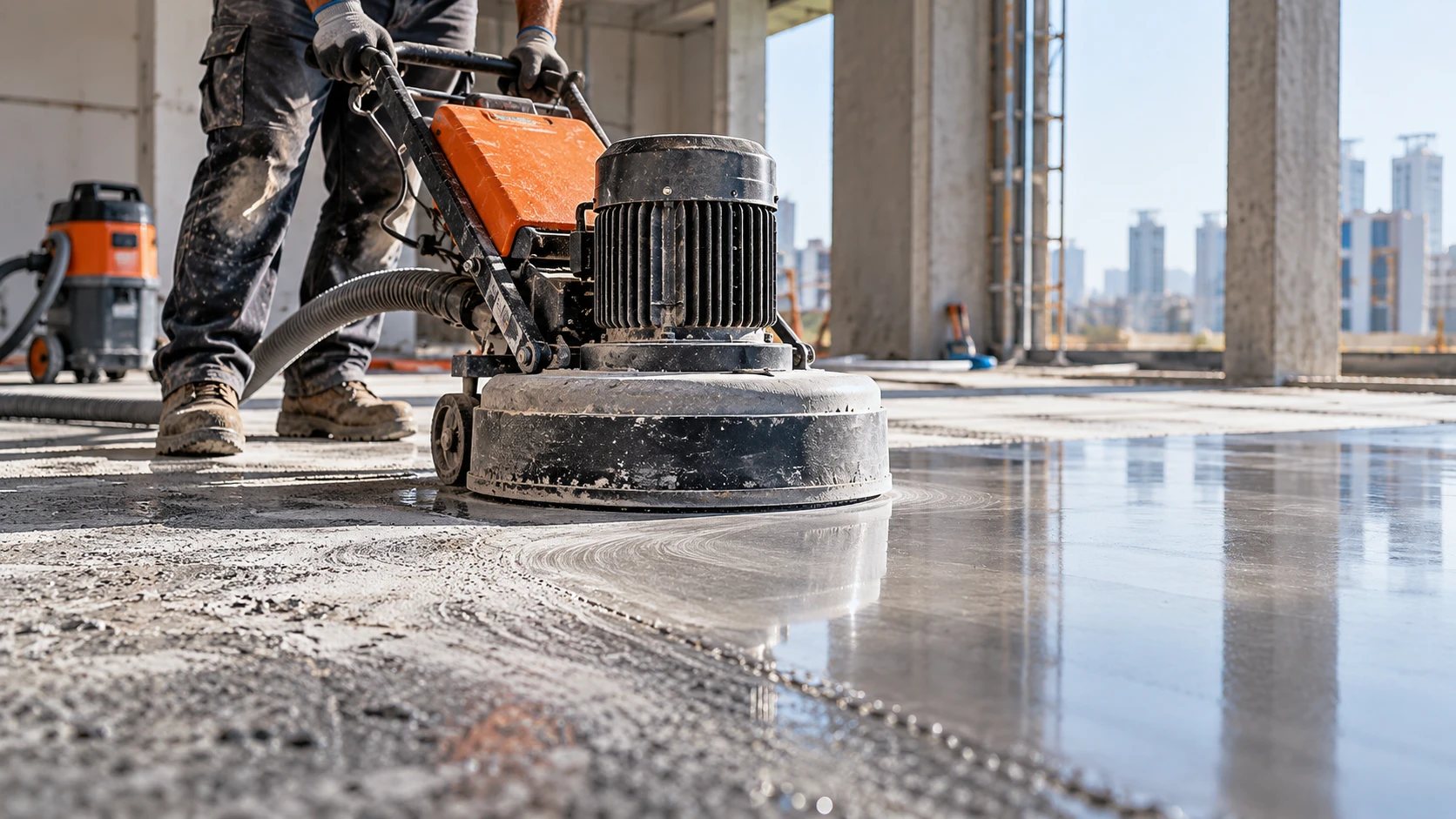 Floor grinder polishing a concrete floor on a building site